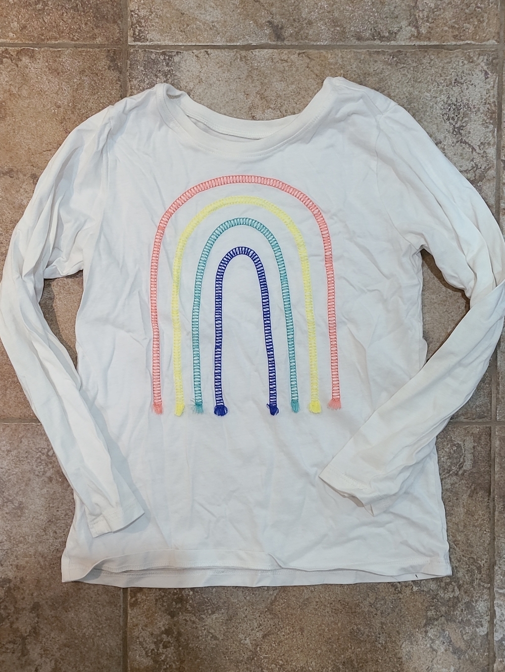 Tea Collection White Long Sleeve Tee with Pastel Rainbow Trim
